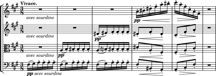 
\new StaffGroup <<
 \new Staff { \relative c' { \key fis \minor \time 3/8 \tempo "Vivace."
  \set Staff.midiInstrument = "violin"
  \set Score.tempoHideNote = ##t \tempo 4. = 88
  R2*3/4*3_\markup{ \italic {avec sourdine} }
  a'16-.\pp \< bis-. dis-. fis-. a-. << bis-. { s32 s\! } >> << cis16-. { s32 s\> } >> a16-. fis-. cis-. a-.\! fis-. R2*3/4 } }
 \new Staff { \relative c' { \key fis \minor \time 3/8
  \set Staff.midiInstrument = "violin"
  R2*3/4*2_\markup{ \italic {avec sourdine} } dis16\pp( eis) fis-. fis-. fis-. fis-.
  << dis8-. {s32 s16.\<} >> fis8-. << dis-. { s16\! s } >> << cis8-. { s16 s\> } >> fis8-. a-.\! R2*3/4 } }
 \new Staff { \relative c' { \key fis \minor \time 3/8 \clef C
  \set Staff.midiInstrument = "violin"
  R2*3/4_\markup{ \italic {avec sourdine} } a16\pp( b) bis-. bis-. bis-. bis-. a( b?) bis-. bis-. bis-. bis-.
  << dis8-. {s32 s16.\<} >> a8-. << fis-. { s16\! s } >> << fis8-. { s16 s\> } >> a8-. cis-.\! R2*3/4 } }
 \new Staff { \relative c' { \key fis \minor \time 3/8 \clef bass
  \set Staff.midiInstrument = "cello"
  fis,16_\markup{ \dynamic pp \italic {avec sourdine} }( gis) a-. a-. a-. a-. fis( gis) a-. a-. a-. a-. fis( gis) a-. a-. a-. a-.
  << fis8-. {s32 s16.\<} >> bis,8-. << a-.{ s16\! s } >> << a8-. { s16 s\> } >> cis8-. fis-.\! R2*3/4 } }
>>
