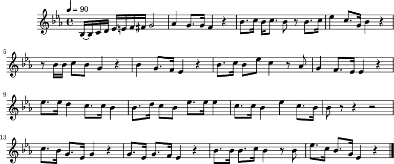 
X:1
L:1/8
Q:1/4=90
M:4/4
I:linebreak $
K:Eb
V:1
 B,/-B,/C/D/ E/=E/F/^F/ G4 | A2 G>G F2 z2 | B>c B<c B z B>c | e2 c>G B2 z2 | z B/B/ cB G2 z2 | %5
 B2 G>F E2 z2 | B>c Be c2 z A | G2 F>E E2 z2 | e>e d2 c>c B2 | B>d cB e>e e2 |  c3/2c/ B2 e2 c>B | %11
 B z z2 z4 | c>B G>E G2 z2 | G>E G>F E2 z2 | B>B B>c B2 z B | e>c B>G E2 z2 |] %16