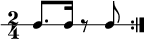 
\new RhythmicStaff {
   \clef percussion
   \time 2/4 \set Staff.midiInstrument = #"woodblock"
   \repeat volta 2 { c8. c16 r8 c }
}
