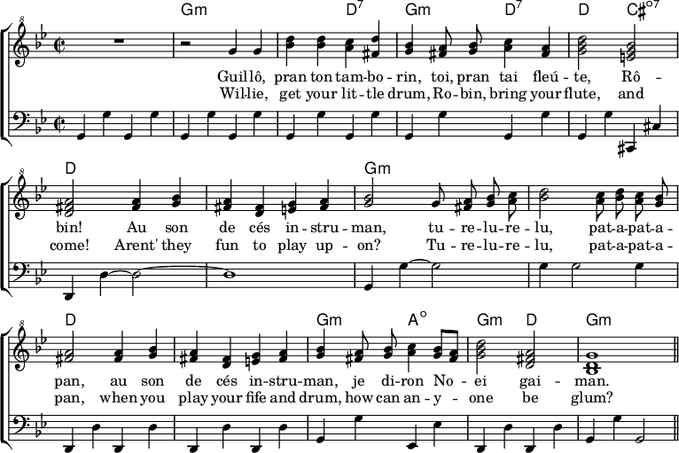 
\header { tagline = ##f }
\layout { indent = 0 \set Score.tempoHideNote = ##t
  \context { \Score \remove "Bar_number_engraver" }
}

global = { \key g \minor \time 2/2 }

chordNames = \chordmode { \global \set ChordNames.midiInstrument = #"acoustic guitar (nylon)" \set chordChanges = ##t
  s1 | g,1:min\pp | g,2:min d,:7 | g,:min d,:7 | d, cis,:dim7 | d,1 |
  d, | g,:min | g,:min | d, | d, | g,2:min a,:dim | g,:min d, | g,1:min \bar "||"
}

soprano = \relative c''' { \global \autoBeamOff \set Staff.midiPanPosition = -1 \set midiInstrument = "recorder"
  R1 | r2 g4 g | <d' bes> <d bes> <c a> <d fis,> | <bes g>
  <a fis>8 <bes g> <c a>4 <a fis> | <d bes g>2 <bes g e> | <a fis d>
  <a fis>4 <bes g> | <a fis> <fis d> <g e> <a fis> | <bes g>2
  g8 <a fis> <bes g> <c a> | <d bes>2 <c a>8 <d bes> <c a> <bes g> | <a fis>2
  <a fis>4 <bes g> | <a fis> <fis d> <g e> <a fis> | <bes g>
  <a fis>8 <bes g> <c a>4 <bes g>8 [<a fis>] | <d bes g>2 <a fis d> | <g d bes>1 \bar "||"
}

tenor = \relative c { \global \set Staff.midiPanPosition = 1 \set midiInstrument = "woodblock"
  \repeat unfold 9 { g4 g' } cis,, cis' | d, d'~ d2~ | d1 | g,4 g'4~ g2 | g4 g2 g4 |
  \repeat unfold 4 { d, d' } | g, g' es, es' | d, d' d, d' | g, g' g,2 \bar "||"
}
tenorMIDI = \relative c { \global \set Staff.midiPanPosition = 1 \set midiInstrument = "woodblock"
  \repeat unfold 9 { g4 g' } cis,, cis' | d,\pp \repeat unfold 28 { d'16 } | g,4 g'~ g2 | g4 g2 g4 |
  \repeat unfold 4 { d, d' } | g, g' es, es' | d, d' d, d' | g, g' g,2 \bar "||"
}

verseOne = \lyricmode {
  Guil -- lô, pran ton tam -- bo -- rin,
  toi, pran tai fleú -- te, Rô -- bin!
  Au son de cés in -- stru -- man,
  tu -- re -- lu -- re -- lu, pat -- a -- pat -- a -- pan,
  au son de cés in -- stru -- man,
  je di -- ron No -- ei gai -- man.
}

verseTwo = \new Lyrics \lyricmode {
  Wil -- lie, get your lit -- tle drum,
  Ro -- bin, bring your flute, and come!
  Arent' they fun to play up -- on?
  Tu -- re -- lu -- re -- lu, pat -- a -- pat -- a -- pan,
  when you play your fife and drum,
  how can an -- y -- one be glum?
}

\score {
  \new ChoirStaff <<
    \new ChordNames { \chordNames }
    \new Staff
    <<
      \clef "treble^8" \new Voice = "soprano" { \soprano }
     >>
    \new Lyrics \lyricsto "soprano" \verseOne
    \new Lyrics \lyricsto "soprano" \verseTwo
    \new Staff
    << \clef bass \new Voice { \tenor } >>
  >>
  \layout { }
}
\score { { << \chordNames \\ \soprano \\ \tenorMIDI >> }
  \midi {
    \tempo 4. = 102
    \context { \Score midiChannelMapping = #'instrument }
    \context { \Staff \remove "Staff_performer" }
    \context { \Voice \consists "Staff_performer" }
  }
}
