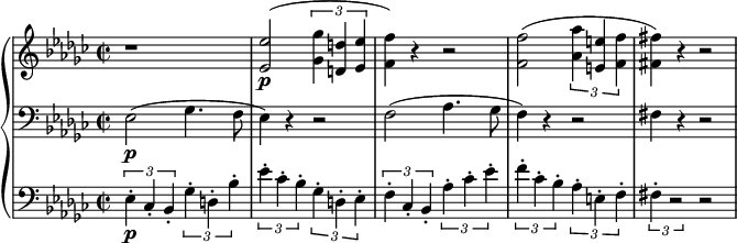 
\relative c' {
  \new PianoStaff <<
    \new Staff {
      \set Staff.midiInstrument = #"piano" \key ees \minor \clef treble \time 2/2 \set Score.tempoHideNote = ##t \tempo 2 = 55
      r1 |
      <es es'>2 \p (\tuplet 3/2 { <ges ges'>4 <d d'>4 <es es'>4 } |
      <f f'>4) r4 r2 |
      <f f'>2 (\tuplet 3/2 { <as as'>4 <e e'>4 <f f'>4 } |
      <fis fis'>4) r4 r2 |
    }
    \new Staff {
      \clef bass \key ees \minor
      es,2 \p (ges4. f8 |
      es4) r4 r2 |
      f2 (as4. ges8 |
      f4) r4 r2 |
      fis4 r4 r2 |
    }
    \new Staff {
      \clef bass \key ees \minor
      \tuplet 3/2 { es4 -. \p ces4 -. bes4 -. } \tuplet 3/2 { ges'4 -. d4 -. bes'4 -. } |
      \tuplet 3/2 { es4 -. ces4 -. bes4 -. } \tuplet 3/2 { ges4 -. d4 -. es4 -. } |
      \tuplet 3/2 { f4 -. ces4 -. bes4 -. } \tuplet 3/2 {as'4 -. ces4 -. es4 -. } |
      \tuplet 3/2 { f4 -. ces4 -. bes4 -. } \tuplet 3/2 {as4 -. e4 -. f4 -. } |
      \tuplet 3/2 { fis4 -. r2 } r2 |
    }
  >>
}
