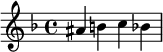 
\new Staff {\key f \major
  \override Staff.Accidental.glyph-name-alist = #ALTERATION-MENSURAL-GLYPH-NAME-ALIST
  \override KeySignature.glyph-name-alist = #ALTERATION-MENSURAL-GLYPH-NAME-ALIST
  \relative c'' { 
    ais b c bes
  }
}
