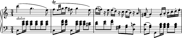 
 \relative c' {
  \new PianoStaff <<
   \new Staff { \key c \major \time 3/4
    c''4( g4. e8) f\trill ([ \grace { e32[ f] } g16 a] fis8 g4 e8)
    g16( f!) r e e( d) r c c( b) r a <a fis>8( g4) g16-. a-. b-. c-. d-. e-.
   }
   \new Dynamics {
    s4_\markup \italic dolce
   }
   \new Staff { \key c \major \time 3/4 \clef bass
    c,,8 <g'' e c>16 <g e c> <g e c>8 <g e c> <g e c> <g e c>
    c,,8 <a'' f c>16 <a f c> c,,8 <g'' e c>16 <g e c> <g e c>8 <e cis>
    <f d>[ <g e> <a f>] <a, fis> <b g> <c! d,>
    <c d,>( <b g>) g, <d'' b g>16 <d b g> <d b g>8 <d b g>
   }
  >>
 }
