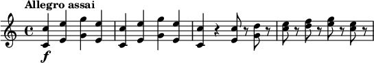 
\relative c'' {
  \tempo "Allegro assai"
  <c c,>4\f <e e,> <g g,> <e e,> |
  <c c,>4 <e e,> <g g,> <e e,> |
  <c c,>4 r <c e,>8 r <d g,> r |
  <e c>8 r <f d> r <g e> r <e c> r |
}
