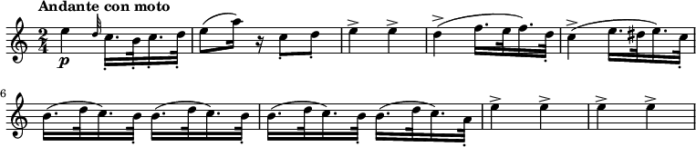 
\relative c' { \set Staff.midiInstrument = #"oboe"
  \set Staff.midiMinimumVolume = #0.7
  \set Staff.midiMaximumVolume = #1.0
  \tempo "Andante con moto"
  \tempo 8 = 120
  \transposition c'
  \key a \minor
  \time 2/4
  e'4_\p \grace {d32} c16._. b32_. c16._. d32_. e8( a16) r c,8_. d_. e4-> e-> d->( f16. e32 f16.) d32_. c4->( e16. dis32 e16.) c32_. b16.( d32 c16.) b32_. b16.( d32 c16.) b32_. b16.( d32 c16.) b32_. b16.( d32 c16.) a32_. e'4-> e-> e-> e->
}
