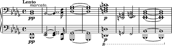  \new PianoStaff <<
  \new Staff \relative c {
    \clef bass \key bes \minor \time 4/4 \tempo "Lento" \set Staff.midiInstrument = #"trombone"
    <des bes>1-\pp^\markup { \italic "marcato" }
    \once \override Staff.TimeSignature #'stencil = ##f \time 33/32 % just to make the 16th note sound more consistent
    bes2~bes4.. <f' c>16*3/2
    \once \override Staff.TimeSignature #'stencil = ##f \time 4/4
    <bes ges des>1~q
    <d a f d>1-\p <bes, g d>2 <c a f ees> <des bes f des>1~q
  }
  \new Staff \relative c, {
    \clef bass \key bes \minor \time 4/4 \set Staff.midiInstrument = #"trombone"
    <f bes,>1-\pp
    \once \override Staff.TimeSignature #'stencil = ##f \time 33/32 % just to make the 16th note sound more consistent
    <ges ees>2~q4.. <f aes,>16*3/2
    \once \override Staff.TimeSignature #'stencil = ##f \time 4/4
    <ges ges,>1~q
    \ottava #-1 <d d,>1-\p g,2 f <bes bes,>1~q
  }
>> 