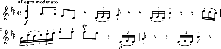 
\relative c' {
\key d \major
\time 4/4
\tempo "Allegro moderato"
\tempo 4 = 70
<d d'>4\f a'8. a16 fis8 d r8 \tuplet 3/2 {d16 (e d)}
g8-! r8 r8 \tuplet 3/2 {d16 (e d)} b'8-! r8 r8 \tuplet 3/2 {d16 (cis b)}
\tuplet 3/2 {a16 d (cis} \tuplet 3/2 {d) e-! fis-!} g8-! g-! g-! \trill fis r8
\tuplet 3/2 {d,16\p (e d)} g8-! r8 r8 \tuplet 3/2 {d16 (e d)} b'8-! r8
}
