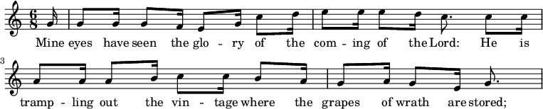 \relative c'' {  \time 6/8  \tempo 2 = 40 \set Score.tempoHideNote = ##t \partial 16 g16 g8[g16] g8[f16] e8[g16] c8[d16] e8[e16] e8[d16] c8. c8[c16] a8[a16] a8 
[b16] c8[c16] b8[a16] \partial 8.*3 g8[a16] g8[e16] g8.} \addlyrics {Mine eyes have seen the glo -- ry of the com -- ing of the Lord: He is tramp -- ling out the vin -- tage where the grapes of wrath are stored; } 