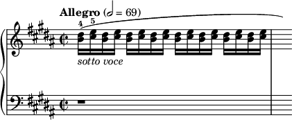 \relative c''{\new PianoStaff << \new Staff {\tempo "Allegro" 2 = 69 \time 4/4 \set Staff.timeSignatureFraction=2/2 \key gis \minor <<b16 dis(_\markup{\italic sotto \italic voce}-4>> <<cis e-5>> <<b dis>> <<cis e>> <<b dis>> <<cis e>> <<b dis>> <<cis e>> <<b dis>> <<cis e>> <<b dis>> <<cis e>> <<b dis>> <<cis e>> <<b dis>> <<cis e>> | \hideNotes a)} \new Staff {\key gis \minor \set Staff.timeSignatureFraction=2/2 \clef "bass" r1 |\hideNotes a16} >>}