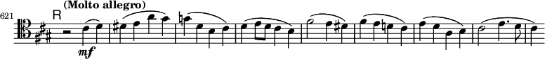 
\relative c' \new Staff \with { \remove "Time_signature_engraver" } {
  \key a \major \clef tenor
  \set Staff.midiInstrument = "cello"
  \set Score.tempoHideNote = ##t \tempo "(Molto allegro)" 2 = 108
  \mark \markup \sans R
  \time 2/2
  \set Score.currentBarNumber = #621 \bar ""
  r2 cis4\mf( d) | dis( e a gis) | g( d b cis) | d( e8 d cis4 b) | fis'2( e4 dis) |
  fis( e d! cis) | e( d a b) | cis2( e4. d8 | cis4)
}
