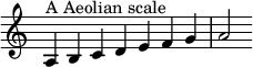  {\override Score.TimeSignature #'stencil = ##f \relative c' { \clef treble \time 7/4 \hide Staff.TimeSignature a4^\markup { A Aeolian scale } b c d e f g a2 } } 