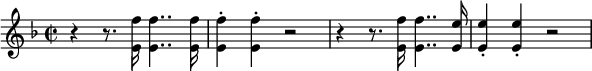 
\relative c' {
  \new PianoStaff <<
    \new Staff {
      \set Staff.midiInstrument = #"trumpet" \key d \minor \clef treble \time 2/2 \set Score.tempoHideNote = ##t \tempo 2 = 62
      r4 r8. <e f'>16 <e f'>4.. <e f'>16 |
      <e f'>4 -. <e f'>4 -. r2 |
      r4 r8. <e f'>16 <e f'>4.. <e e'>16 |
      <e e'>4 -. <e e'>4 -. r2 |
    }
  >>
}
