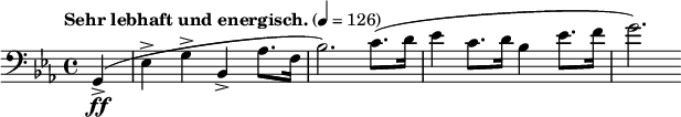  \new Staff \relative c {
  \clef bass \time 4/4 \key ees \major \tempo "Sehr lebhaft und energisch." 4=126 \set Staff.midiInstrument = #"string ensemble 1"
  \partial 4 g-\ff->(ees'-> g-> bes,-> aes'8. f16 bes2.) c8.(d16 ees4 c8. d16 bes4 ees8. f16 g2.)
} 