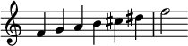  {
\override Score.TimeSignature #'stencil = ##f
\relative c' { 
  \clef treble \time 6/4
  f4 g a b cis dis f2
} }
