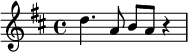  { \set Staff.midiInstrument = #"trumpet" \set Score.tempoHideNote = ##t \tempo 4 = 110 \key d \major d''4. a'8 b' a' r4 }