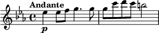 
\relative c'' {
  \tempo "Andante"
  \tempo 4 = 60
  \override TupletBracket #'stencil = ##f
  \override Score.BarNumber #'stencil = ##f
  \key es \major
  es4\p es8 f g4.g8 |
  g8 c d c b2 |
}
