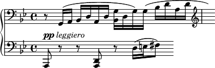 
{
\new PianoStaff
<<
  \new Staff
  {
    \clef bass
    \autoBeamOff
    \time 4/4
    \key g\minor
    r8 g,16 [ ( a, ] bes, [ d a, d ] <g bes,> [ d g ) g ( ] bes [ d' a d' ] | \clef treble \hideNotes g'' )
  }
  \new Dynamics { s8-\markup{\dynamic "pp" \italic{leggiero}} }
  \new Staff = "LeftHand"
  {
    \clef bass
    \autoBeamOff
    \key g\minor
    a,,8 r r <d, a,,> r d16 ( [ e fis8] )
  }
>>
}
