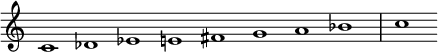 
{\new Staff
  \with { \remove "Time_signature_engraver" }
  \relative c' {
    \set Score.tempoHideNote = ##t
    \tempo 1 = 100
    \cadenzaOn
    c1 des1 ees1 e1 fis1 g1 a1 bes1 \bar "|"  c 
  }
}
