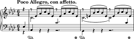 
\header {
  tagline = ##f
}

tempoMark = {
  \once \override Score.RehearsalMark #'self-alignment-X = #-1
  \once \override Score.RehearsalMark #'break-align-symbols = #'(time-signature key-signature)
  \once \override Staff.TimeSignature #'break-align-anchor-alignment = #-1
  \mark \markup \bold "Poco Allegro, con affetto."
}

global = {
  \tempoMark
  \key as \major
  \time 6/4
  \partial 4
}

\parallelMusic #'(voiceA voiceB voiceC voiceD) {
  % Anacrusis
  r4   |
  s4   |
  ees4 |
  r4   |
  
  % Bar 1
  r8 ees [\( aes c aes ees\)] r ees [\( aes c aes ees\)] |
  c2.                         s                          |
  aes,4      s     s          c'2.                       |
  s4         r     r          r2.                        |
  
  % Bar 2
  r8 e   [\( bes' c bes e,  \)] r e   [\( bes' c bes e,  \)] |
  c2.                       ( c2  )              s4          |
  s2.                         s2                 c4          |
  g4         r     r          r2.                            |
}

right = {
  \global
  <<
    \relative c' \voiceA
    \\
    \relative c' \voiceB
  >>
}

left = {
  \global
  <<
    \relative c \voiceC
    \\
    \relative c \voiceD
    \new Dynamics {
      s4 | \repeat unfold 2 { s4\sustainOn s1 s8 s8\sustainOff | }
    }
  >>
}

\score {
  \new PianoStaff <<
    \new Staff = "right" \with {
      midiInstrument = "acoustic grand"
    } \right
    \new Staff = "left" \with {
      midiInstrument = "acoustic grand"
    } { \clef bass \left }
  >>
  \layout { }
  \midi {
    \context {
      \Score
      tempoWholesPerMinute = #(ly:make-moment 100 4)
    }
  }
}
