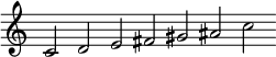 
{ \override Score.TimeSignature #'stencil = ##f
  \relative c' { \clef treble \cadenzaOn c2 d e fis gis ais c }
}
