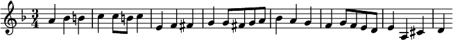 
\relative c'' { \key d \minor \time 3/4 a bes b c c8 b c4 e, f fis g g8 fis g a bes4 a g f g8 f e d e4 a, cis d }
