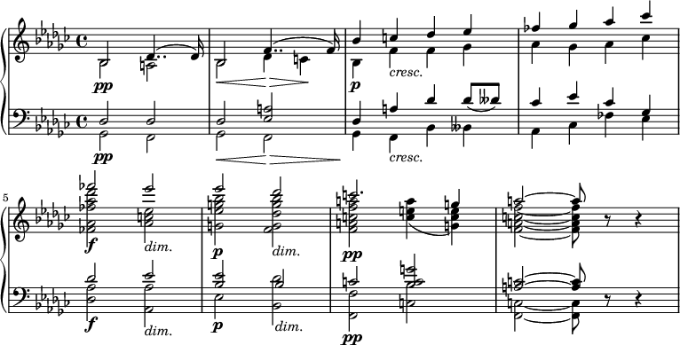 
\relative c' {
  \new PianoStaff <<
    \new Staff <<
      \new Voice = "first" {
        \set Staff.midiInstrument = #"string ensemble 1" \set Score.tempoHideNote = ##t \tempo 4 = 40 \stemUp \clef treble \key ges \major \time 4/4
        bes2 des4.. ^(des16) |
        bes2 f'4.. ^(f16) |
        bes4 c4 des4 es4 |
        fes4 ges4 as4 ces4 |
        fes2 es2 |
        es2 des2 |
        c2. g4 |
        a2 ^~ a8 r8 r4 |
      }
      \new Voice = "second" {
        \stemDown
        bes,,2 \pp a2 |
        bes2 \< des4 \! \> c4 \! |
        bes4 \p f'4 _\markup \italic { "cresc." } f4 ges4 |
        as4 ges4 as4 ces4 |
        <fes, as fes' as des>2 \f <as es' c>2 _\markup \italic { "dim." } |
        <g es' g bes>2 \p <f g des' g bes>2 _\markup \italic {"dim." } |
        <f a c f a>2 \pp <c' e a>4 _(<g c e>4) |
        <f a c f>2 _~ <f a c f>8 s8 s4 |
      }
    >>
    \new Staff <<
      \new Voice = "third" {
        \set Staff.midiInstrument = #"string ensemble 1" \stemUp \clef bass \key ges \major \time 4/4
        des,2 \pp des2 |
        des2 \< <es a>2 \! \> |
        <des>4 \! a'4 _\markup \italic { "cresc." } des4 des8(deses8) |
        ces4 es4 ces4 ges4 |
        des'2 \f es2 _\markup \italic { "dim." } |
        <es bes>2 \p bes2 _\markup \italic { "dim." } |
        c2 \pp <bes c g'>2 |
        <a c>2 ^~ <a c>8 r8 r4 |
      }
      \new Voice = "fourth" {
        \stemDown \clef bass \key ges \major \time 4/4
        ges,2 f2 |
        ges2 f2 |
        ges4 f4 bes4 beses4 |
        as4 ces4 fes4 es4 |
        <des as'>2 <as as'>2 |
        es'2 <bes des'>2 |
        <f f'>2 <c' bes'>2 |
        <c f,>2 _~ <c f,>8 s8 s4 |
      }
    >>
  >>
}
