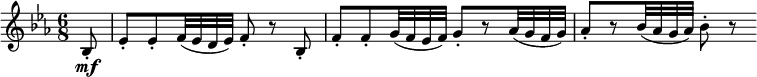  { \relative bes { \key es \major \time 6/8
\partial 8 bes8-. \mf | es8-. es-. f32( es d es) f8-. r bes,-. |
f'8-. f-.  g32( f es f) g8-.[ r as32( g f g)] | as8-.[ r bes32( as g as)] bes8-. r }} 