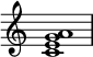 
{
\override Score.TimeSignature #'stencil = ##f
\relative c' {
   \clef treble
   \time 4/4
   \key c \major
   <c e g a>1
} }
