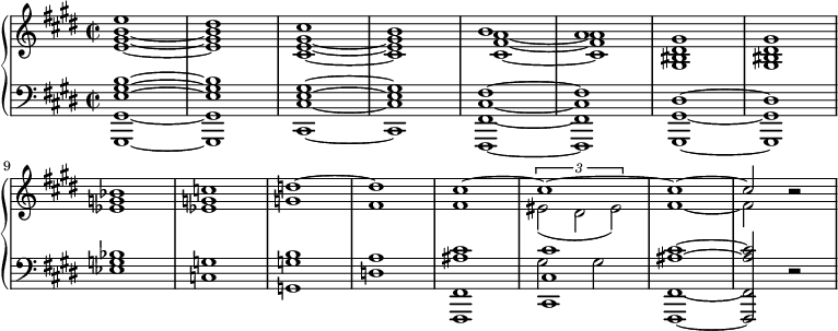 
\relative c' {
  \new PianoStaff <<
    \new Staff <<
     \set Staff.midiInstrument = #"brass section"
      \new Voice {
        \voiceOne \clef "treble" \key e \major \stemDown \time 2/2 \set Score.tempoHideNote = ##t \tempo 2 = 55
        <e gis b>1 _~ |
        <e gis b>1 |
        <cis e gis>1 _~ |
        <cis e gis>1 |
        <cis fis a>1 _~ |
        <cis fis a>1 |
        <gis bis dis>1 |
        <gis bis dis>1 |
        <es' g>1 |
        <es g>1 |
        g1 |
        fis1 |
        fis1 |
        <>_(\times 2/3  {
          eis2 dis2 eis2)
        } |
        fis1 _~ |
        fis2 b2\rest |
      }
      \new Voice {
        \voiceTwo
        \clef "treble" \key e \major \stemUp \time 2/2
        e1 |
        dis1 |
        cis1 |
        b1 |
        b1 |
        a1 |
        gis1 |
        gis1 \break |
        bes1 |
        c1 |
        d1 ^~ |
        d1 |
        cis1 ^~ |
        cis1 ^~ |
        cis1 ^~ |
        cis2 s2 |
      }
    >>
    \new Staff <<
      {
        \set Staff.midiInstrument = #"brass section" \key e \major \clef bass \time 2/2
        <gis,,, gis' e' gis b>1 ~ |
        <gis gis' e' gis b>1 |
        <cis cis' e gis>1 ~ |
        <cis cis' e gis>1 |
        <fis, fis' cis' fis>1 ~ |
        <fis fis' cis' fis>1 |
        <gis gis' dis'>1 ~ |
        <gis gis' dis'>1 |
        <es'' g bes>1 |
        <c g'>1 |
        <g g' b>1 |
        <d' a'>1 |
        <fis,, fis' ais' cis>1 |
        <cis' cis' cis'>1 |
        <fis, fis' ais' cis>1 ~ |
        <fis fis' ais' cis>2 r2 |
      }
      \new Voice {
        \voiceFour
        \clef "bass" \key e \major \stemDown \time 2/2
        s1*8 s1*5 |
        gis''2 gis2 |
        s1*2 |
      }
    >>
  >>
}
