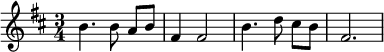 
 \relative
 {
  \key b \minor
  \time 3/4
     b'4. b8\noBeam a b
     fis4 fis2 
     b4. d8\noBeam cis b 
 fis2.
        
  }
