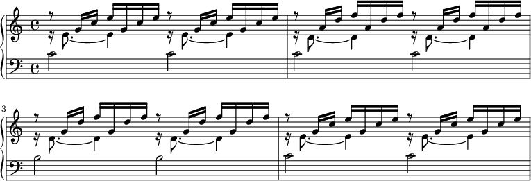 
{
      <<
      \new PianoStaff <<
        \new Staff <<
           \clef treble \key c \major \time 4/4
           \new Voice \relative c'' {
                \voiceOne r8 g16 c e g, c e r8 g,16 c e g, c e 
                r8 a,16 d f a, d f r8 a,16 d f a, d f
                r8 g,16 d' f g, d' f r8 g,16 d' f g, d' f
                r8 g,16 c e g, c e r8 g,16 c e g, c e 
                }
           \new Voice \relative c' {
                \voiceTwo r16 e8._~ e4 r16 e8._~ e4
                r16 d8._~ d4 r16 d8._~ d4
                r16 d8._~ d4 r16 d8._~ d4
                r16 e8._~ e4 r16 e8._~ e4
                }
            >>
        \new Staff <<
           \clef bass \key c \major \time 4/4
           \new Voice \relative c' {
                c2 c c c b b c c
                }
            >> >>
    >>  }
