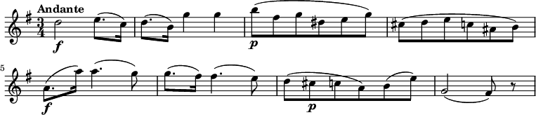 
\relative c' {
\key g \major
\time 3/4
\tempo "Andante"
\tempo 4 = 60
d'2\f e8. (c16)
d8. (b16) g'4 g
b8\p (fis g dis e g)
cis,8 (d e c ais b)
a8.\f (a'16) a4. (g8)
g8. (fis16) fis4. (e8)
d (cis\p c a) b (e)
g,2 (fis8) r8
}
