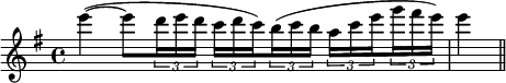 
  \relative c'''{
    \set Staff.midiInstrument = #"violin"
    \set Score.tempoHideNote = ##t
    \tempo 4 = 60
    \clef treble
    \key g \major
    \time 4/4
      e4(~ e8 \times 2/3 { d16 e d } \times 2/3 { c d \set stemRightBeamCount = #1 c) } \set stemLeftBeamCount = #1 \times 2/3 { b( c b } \times 2/3 { a c \set stemRightBeamCount = #1 e } \set stemLeftBeamCount = #1 \times 2/3 { g fis e) } e4( \bar "||"
  }
