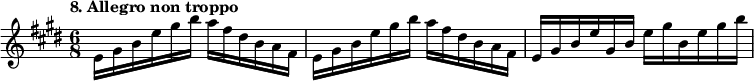 
%etude8
\relative e'
{  
\set Staff.midiInstrument = #"violin"
\time 6/8
\tempo "8. Allegro non troppo"
\key e \major
e16 gis b e gis b a fis dis b a fis | e16 gis b e gis b a fis dis b a fis | e gis b e gis, b e gis b, e gis b |
}

