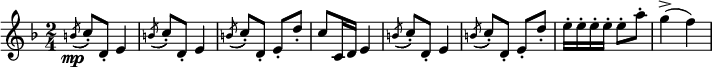 
{ \time 2/4
\key f \major

\relative c'' {
  \acciaccatura b8\mp( c-.) d,-. e4 |
  \acciaccatura b'8( c-.) d,-. e4 | 
  \acciaccatura b'8( c-.) d,-. e-. d'-. |
  c c,16 d e4 | \acciaccatura b'8( c-.) d,-. e4 |
  \acciaccatura b'8( c_.) d,-. e-. d'-. |
  e16-. e-. e-. e-. e8-. a-. | g4->( f)
}
}
