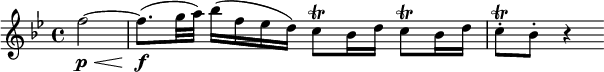  { \relative f'' { \key bes \major \time 4/4
\partial 2 f2~ \p \< | f8.( \f g32 a) bes16( f es d) c8 \trill bes16 d c8 \trill bes16 d | c8-. \trill bes-. r4 }} 