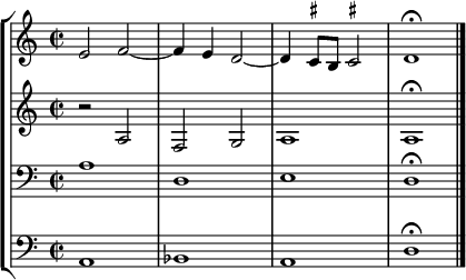 
    { << \new StaffGroup <<
        \new Staff <<
            \clef treble \time 2/2
            \relative c' {
                \clef treble \time 2/2
                e2 f2~ f4 e d2~ d4 \once \set suggestAccidentals = ##t cis8 b \once \set suggestAccidentals = ##t cis!2 d1\fermata
                }
            >>
        \new Staff <<
            \clef treble \time 2/2
            \new Voice \relative c' {
                r2 a f g a1 a1\fermata
                }
            >>
        \new Staff <<
            \clef bass \time 2/2
            \new Voice \relative c' {
                a1 d, e d\fermata
                }
            >>
        \new Staff <<
            \clef bass \time 2/2
            \new Voice \relative c {
                a1 bes a d\fermata \bar "|."
                }
            >>
    >>
>> }
