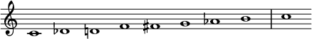 
{\new Staff
  \with { \remove "Time_signature_engraver" }
  \relative c' {
    \set Score.tempoHideNote = ##t
    \tempo 1 = 100
    \cadenzaOn
    c1 des1 d1 f1 fis1 g1 aes1 b1 \bar "|"  c 
  }
}
