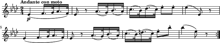 
 \relative c' {
         \clef "treble" 
         \tempo "Andante con moto"
         \key aes \major
         \time 2/4 
         \tempo 4 = 60
      ees4\p (f16. g32 aes16. f32)
      ees8 r8 aes16. (g32) bes16. (aes32)
      c16. (bes32) des16. (c32) ees8-. ees-.
      ees4 (ees,8) r8
      ees4 (f16. g32 aes16. f32)
      ees8 r8 aes16. (g32) bes16. (aes32)
      c16. (bes32) d16. (c32) ees8-. bes'-.
      bes4 (ees,8) r8 \bar ":|."
}
