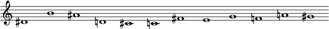 {\omit Score.TimeSignature \omit Score.BarLine dis'1 b'1 ais'1 d'!1 cis'1 c'!1 fis'1 e'1 g'1 f'!1 a'!1 gis'1}