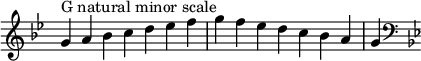  {
\omit Score.TimeSignature \relative c'' {
  \key g \minor \time 7/4 g^"G natural minor scale" a bes c d es f g f es d c bes a g
  \clef F \key g \minor
} }
