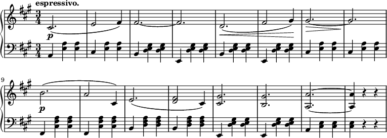 
 \relative g'' {
  \new PianoStaff <<
   \new Staff { \key fis \minor \time 3/4
    \set Score.tempoHideNote = ##t
     \tempo "espressivo." 2. = 64
    cis,,2.\p( e2 fis4) fis2.~ fis d2.\<( fis2 gis4\!) gis2.~\> gis\! b\p( a2 cis,4) e2.( <d fis>2 cis4) <cis gis'>2. <b gis'> <a a'>~ <a a'>4 r r
   }
   \new Staff { \key fis \minor \time 3/4 \clef bass
   a, <e' a> <e a> cis <e a> <e a> b <d e gis> <d e gis> e, <d' e gis> <d e gis> b <d e gis> <d e gis> e, <d' e gis> <d e gis> cis <e a> <e a> cis <e a> <e a> fis, <a' fis cis> <a fis cis> fis, <a' fis cis> <a fis cis> b, <a' fis d> <a fis d> b, <a' fis d> <a fis d>e, <d' e gis> <d e gis> e, <d' e gis> <d e gis> a <cis e> <cis e> <cis e> r r
   }
  >>
 }
