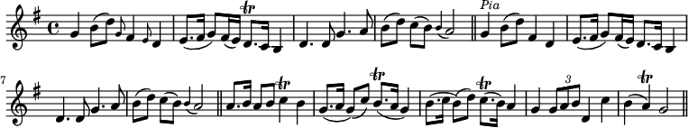 { \time 4/4 \key g \major \relative g' { g4 b8( d) \grace g,8 fis4 \grace e8 d4 | e8.[( fis16] g8[) fis16( e)] d8.[\trill c16] b4 | d4. d8 g4. a8 | b[( d]) c[( b]) \appoggiatura b4 a2 \bar "||" g4^\markup { \smaller \italic Pia } b8( d) fis,4 d4 | e8.[( fis16] g8[) fis16( e)] d8.[ c16] b4 | d4. d8 g4. a8 | b[( d]) c[( b]) \appoggiatura b4 a2 \bar "||" a8.[ b16] a8[ b] c4\trill b | g8.[( a16] g8[)( c]) b8.\trill[( a16] g4) | b8.[( c16] b8[)( d]) c8.\trill([ b16)] a4 | g \times 2/3 { g8 a b } d,4 c' | b( a\trill) g2 \bar "||" } }