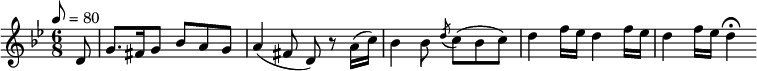 
  \relative c' { \set Staff.midiInstrument = #"clarinet"
    \time 6/8
    \tempo 8 = 80
    \key g \minor
    \partial 8 d8 g8. fis16 g8 bes a g a4( fis8 d) r8 a'16( c) bes4 bes8 \acciaccatura d8 c( bes c) d4 f16 es d4 f16 es d4 f16 es d4\fermata
  }
  \layout {
     \context {
         \Staff
         \consists "Horizontal_bracket_engraver"
     }
  }
