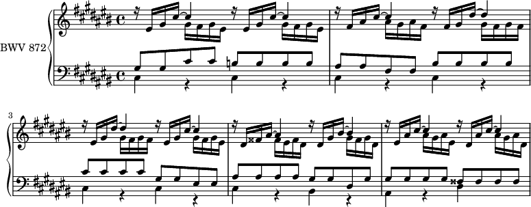 
\version "2.18.2"
\header {
  tagline = ##f
}

upper = \relative c' {
  \clef treble 
  \key cis \major
  \time 4/4
  \tempo 4 = 80
  \set Staff.midiInstrument = #"harpsichord"

   %% PRÉLUDE CBT II-3, BWV 872, ut-dièse majeur
   \repeat unfold 2 { << { r16 eis gis cis~ cis4 } \\ { s4 gis16 fis gis eis } >> }
   << { r16 fis16 ais cis~ cis4 r16 fis, gis dis'~ dis4 } \\ { s4 ais16 gis ais fis s4 gis16 fis gis fis } >>
   << { r16 eis16 gis dis'~ dis4 r16 eis,16 gis cis~ cis4 } \\ { s4 gis16 fis gis fis s4 gis16 fis gis eis } >>
   << { r16 dis16 fisis ais~ ais4 r16 dis,16 gis bis~ bis4 } \\ { s4 fisis16 eis fisis dis s4 gis16 fisis gis dis } >>
   << { r16 eis16 ais cis~ cis4 r16 dis,16 ais' cis~ cis4 } \\ { s4 ais16 gis ais eis s4 ais16 gis ais dis, } >>
}

lower = \relative c {
  \clef bass 
  \key cis \major
  \time 4/4
  \set Staff.midiInstrument = #"harpsichord" 
    
   << { gis'8 gis cis cis b b b b ais ais fis fis \repeat unfold 4 { bis } \repeat unfold 4 { cis } gis gis eis eis | ais ais ais ais gis gis dis gis | \repeat unfold 4 { gis } \repeat unfold 4 { fisis } | } \\ { \repeat unfold 3 { \repeat unfold 2 { cis4 r4 } } cis4 r4 bis r4 ais r4 dis } >>
    
}

\score {
  \new PianoStaff <<
    \set PianoStaff.instrumentName = #"BWV 872"
    \new Staff = "upper" \upper
    \new Staff = "lower" \lower
  >>
  \layout {
    \context {
      \Score
      \remove "Metronome_mark_engraver"
    }
  }
  \midi { }
}
