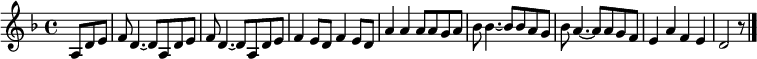 
\relative c'  {
  \language "deutsch"
  \clef treble
  \key f \major
  \partial 4. a8 d e
  f8 d4.~ d8 a d e
  f8 d4.~ d8 a d e
  f4 e8 d f4 e8 d
  a'4 a a8 a g a
  b b4.~ b8 b a g
  b a4.~ a8 a g f
  e4 a f e
  d2 r8
  \bar "|."
}
