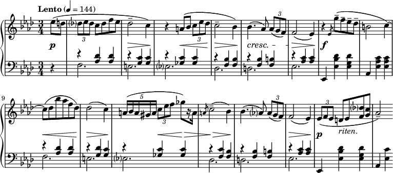 
\language english
\layout { \context { \PianoStaff \accidentalStyle piano-cautionary } }
\new PianoStaff
<<
  \new Staff \fixed c' {
    \key af \major
    ef'8( d' |
    \tuplet 3/2 { df'8 ef' df' } c' df' f' ef' | df'2-- c'4) |
    r a8( bf \tuplet 3/2 { c' ef' df' } | c'2-- bf4) |
    bf4.( af8) \tuplet 3/2 { af( g f) } | f2( ef4) |
    r4 \slashedGrace ef8 g'--( f'-- ef'-- df'-- | b2 c'4~) |
    c'8( df' bf' af' f' df') | df'2( c'4) |
    \tuplet 5/4 { a16( bf a gs a } \tuplet 3/2 { c'8 ef' f' } gf'8[) r16 a] | \slashedGrace 8 c'2--( bf4) |
    bf4.( af8) \tuplet 3/2 { af( g f) } | f2( ef4) |
    \tuplet 3/2 { ef8( f ef } d ef <f df'> <g c'> | af2--)
  }
  \new Dynamics {
    \time 3/4
    \tempo "Lento" 4 = 144
    \partial 4
    s4\p |
    s2. | s2.\> | s4\! s2\< | s2.\> | s2.\cresc | s2.\> | s2.*2\f |
    s2.\< | s2.\> | s4\! s4\< s4\> | s2.\> | s2.\! | s2.\> | s4\p s2^"riten."
  }
  \new Staff {
    \clef bass
    \key af \major
    r4 |
    <<
      {
        r <af df'> q | r <g c'> q | r <gf c'> q | r <f bf> q |
        r q <f b> | r <af c'> q |
      }
      \\
      { f2. | e | ef | df | d | ef | }
    >>
    ef,4 <ef bf df'> <ef g df'> | af, <ef af c'> q |
    <<
      {
        r <af df'> q | r <g df'> <g c'> | r <gf c'> q | r <f c'> <f bf> |
        r q <f b> | r <af c'> q |
      }
      \\
      { f2. | e | ef | df | d | ef | }
    >>
    ef,4 <ef bf df'> <ef g df'> | af, <ef c'>
  }
>>
