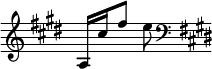   {
\override Score.TimeSignature #'stencil = ##f
\relative c' {
  \clef treble \key cis \minor \time 4/4  a16 cis' fis8 e
  \clef bass \key cis \minor
} }
