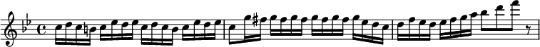 
\relative c'' {
  \key bes \major
  \time 4/4
 c16 d c b c es d es c d c b c es d es | c8 g'16 fis g fis g fis g fis g fis g es d c | d f es d es f g a bes8 d f r
}
