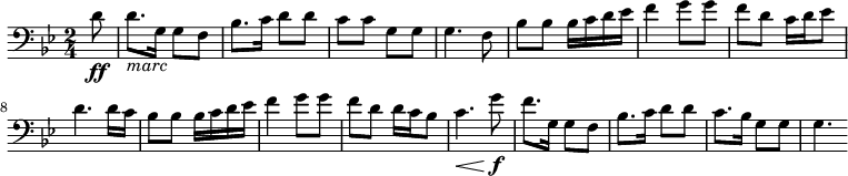 
\relative c'{ \clef bass \time 2/4  \set Score.tempoHideNote=##t \tempo 4=126 \set Staff.midiInstrument = #"trombone" \key g\minor \partial 8 d8\ff d8._\markup{\italic "marc"} g,16 g8 f8 bes8. c16 d8 d8 c8 c8 g8 g8 g4. f8 bes8 bes8 bes16 c16 d16 es16 f4 g8 g8 f8 d8 c16 d16 es8 d4. d16 c16 bes8 bes8 bes16 c16 d16 es16 f4 g8 g8 f8 d8 d16 c16 bes8 c4. \< \!g'8\f f8. g,16 g8 f8 bes8. c16 d8 d8 c8. bes16 g8 g8 g4. }

